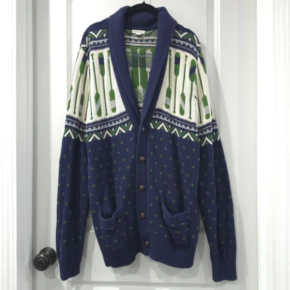 MERONA Fisherman Shawl Collar Navy Green Knit Cardigan Rowing Oar Nautical, L - Picture 2 of 11